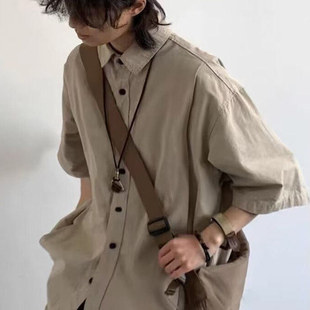 男女街头简约休闲套头polo衬衣 夏季 日系复古纯色宽松工装 短袖 衬衫