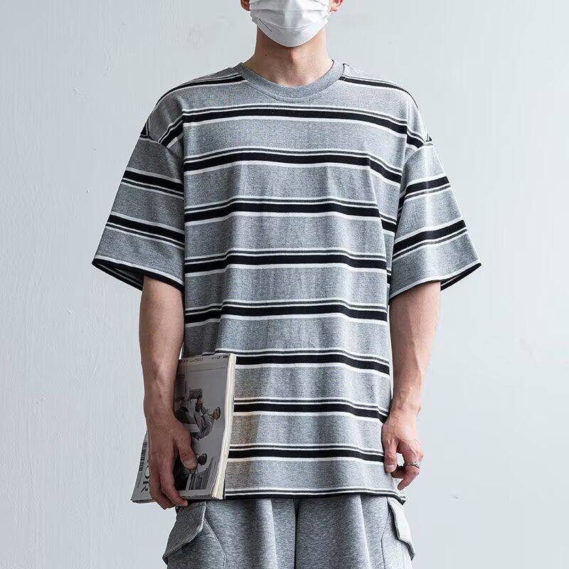 日系cityboy条纹T恤短袖男夏季纯棉复古圆领宽松休闲五分半袖上衣