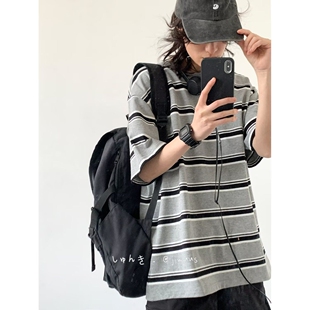 条纹短袖t恤男款2026新款夏季穿搭日系纯棉高级感青少年痞帅半袖