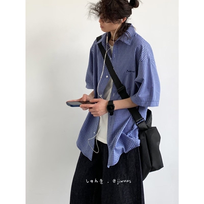 cityboy日系格子短袖衬衫男夏季高级感痞帅青少年情侣款宽松衬衣