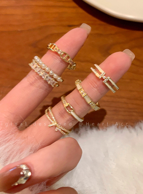 金色开口戒指合集女蝴蝶结珍珠锆石叠戴食指戒小众高级感精致指环
