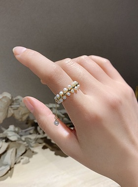 东大门珍珠抽拉式日韩风食指环