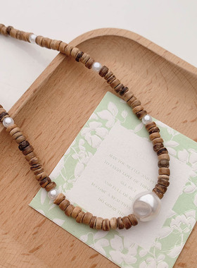 韩国新款咖色石头串珠木头淡水珍珠项链女高级感 法式锁骨链项饰