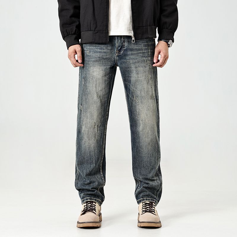 美式高端刮烂破洞牛仔裤男2025秋季新款水洗做旧宽松直筒休闲长裤