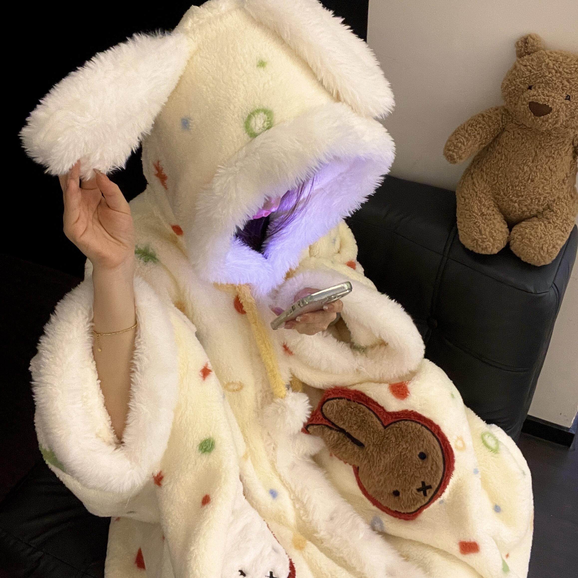 可爱米菲兔睡袍女秋冬加绒加厚珊瑚绒睡衣连帽浴袍保暖家居服套装