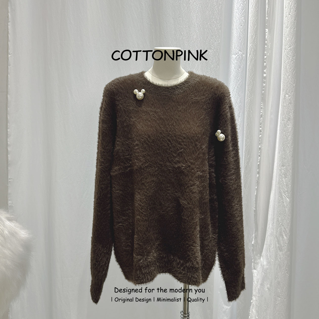 COTTONPINK女装设计师款新款秋冬保暖毛茸茸珍珠毛衣上衣女