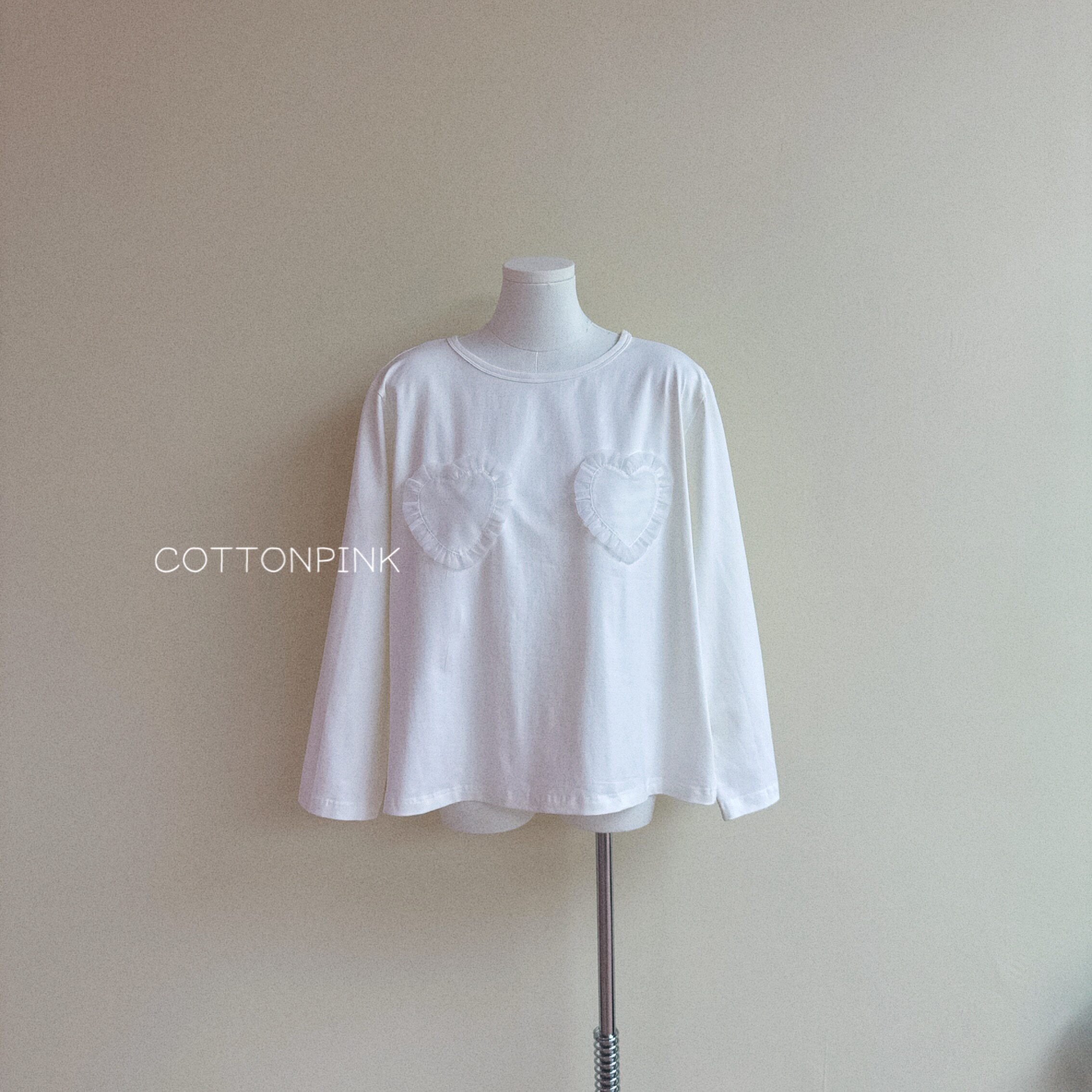COTTONPINK秋冬圆领长袖T恤女宽松百搭休闲蕾丝爱心上衣