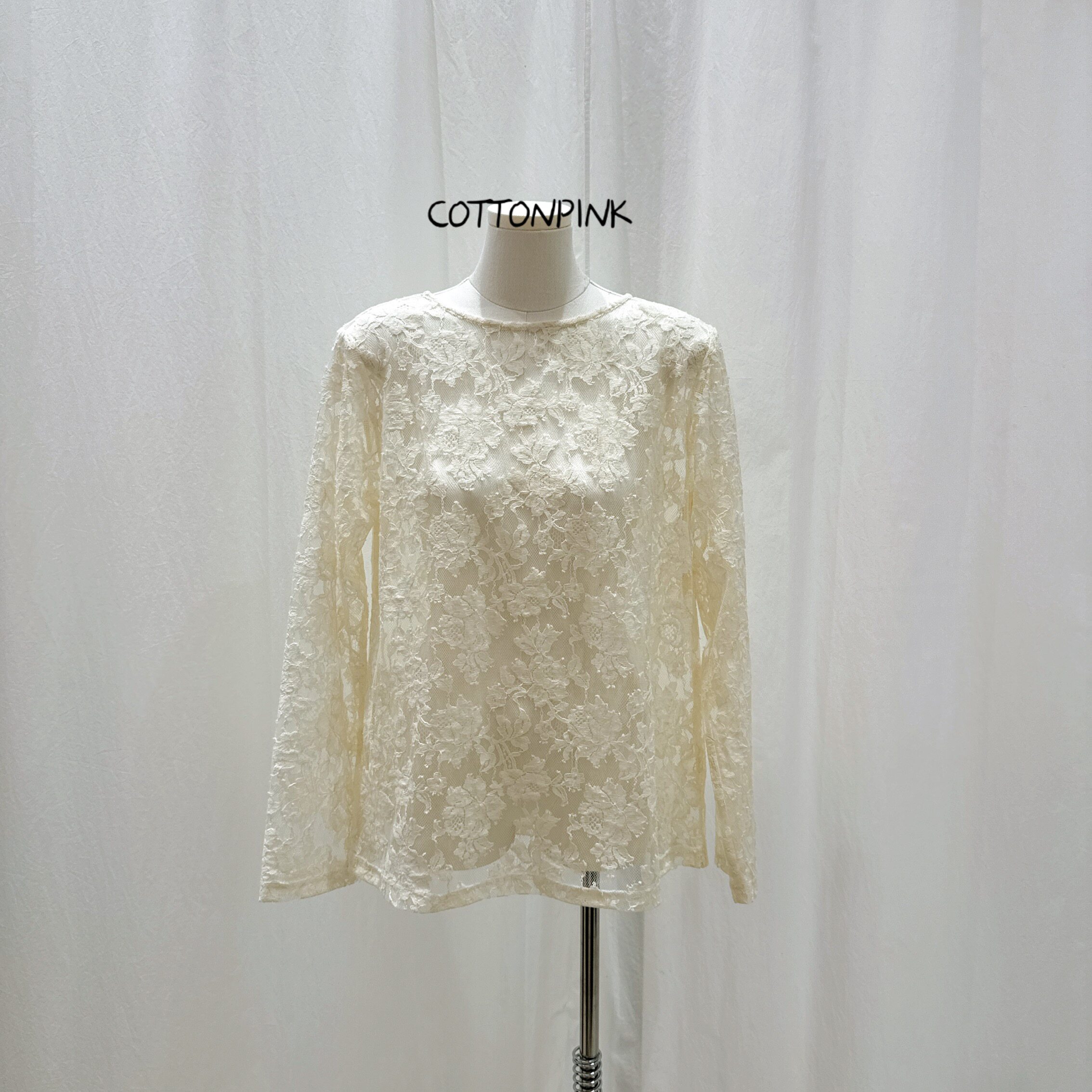 COTTONPINK女装新款蕾丝长袖圆领百搭打底衫女时尚甜美风上衣