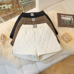 宽松休闲裤 外穿小个子高腰a字阔腿靴裤 女2025秋冬季 菱格夹棉短裤