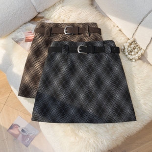 复古格纹毛呢半身裙女2025秋冬高腰a字包臀裙显瘦百搭洋气短裙子