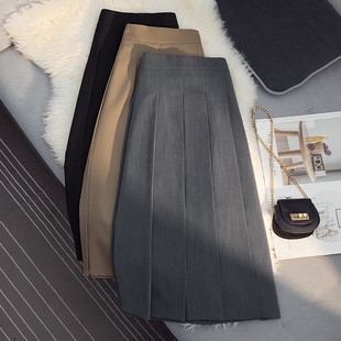 中长款 时尚 韩版 半身裙女2024春季 高腰A字裙显瘦打底长裙 百褶西装