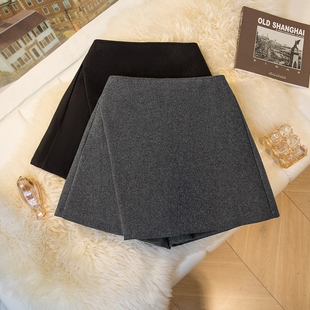 不规则毛呢半身裙女2024秋冬防走光高腰a字短裤裙显瘦百搭靴裤子