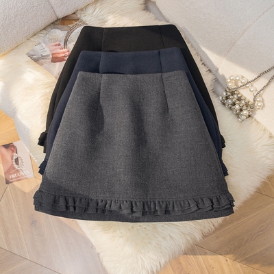 洋气减龄木耳边毛呢半身裙女2025秋冬新品高腰a字包臀裙百搭短裙