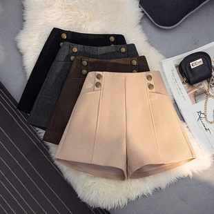 显瘦百搭靴裤 口袋呢子高腰A字阔腿裤 子 女2024冬季 小香风毛呢短裤