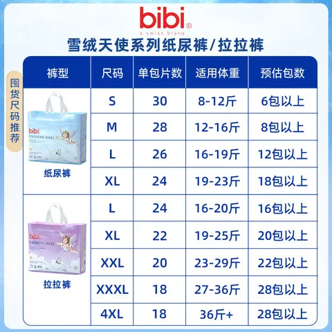 干爽纸尿裤试用装天使包2成长裤宝宝婴儿*bibi尿不湿3片亲肤/雪绒