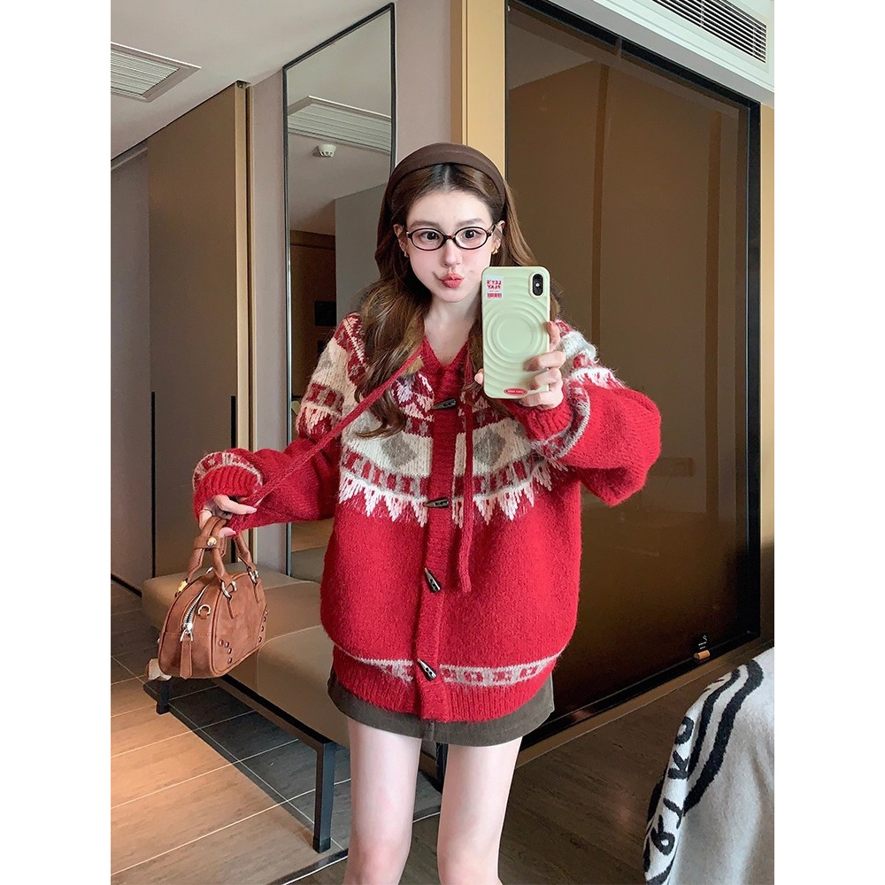 园园美衣岛连帽毛衣外套女2026新款冬季加厚爆款宽松针织开衫上衣