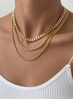 STAYSTRONG批角潮人素链男女嘻哈古巴粗细项链高街百搭钛钢锁骨链