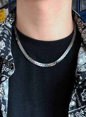 欧美嘻哈不掉色扁平方加密链男女潮饰挂链钛钢古巴链百搭锁骨项链