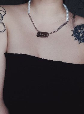 STAYSTRONG钛钢刀片链拼接珍珠项链个性男女嘻哈刻字时尚锁骨颈链
