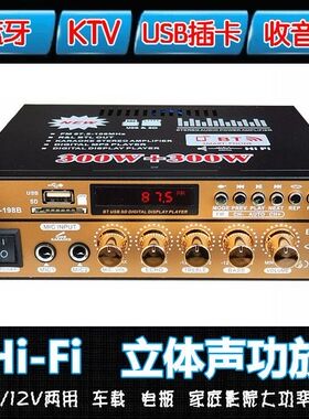 迷你小型功放机 音箱功率放大器插麦克风插卡U盘收音12伏220V供电