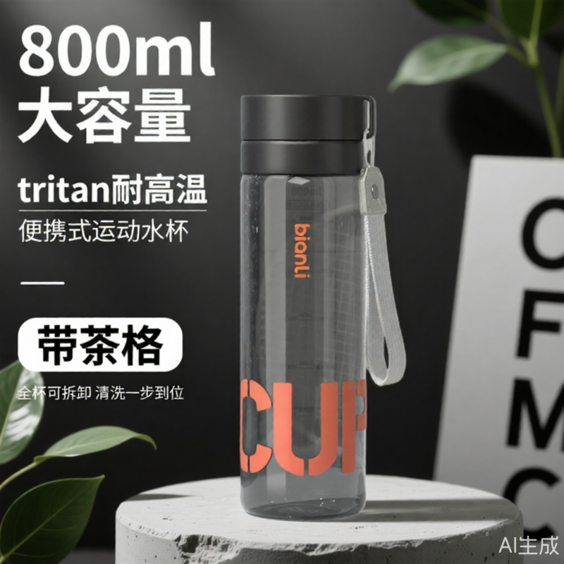 Tritan大容量耐高温运动水杯800ml带茶格太空杯
