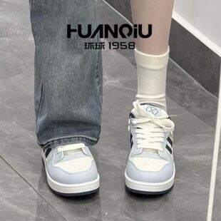 环球港风蓝色厚底面包鞋女2026春秋新款百搭运动休闲学生板鞋ins