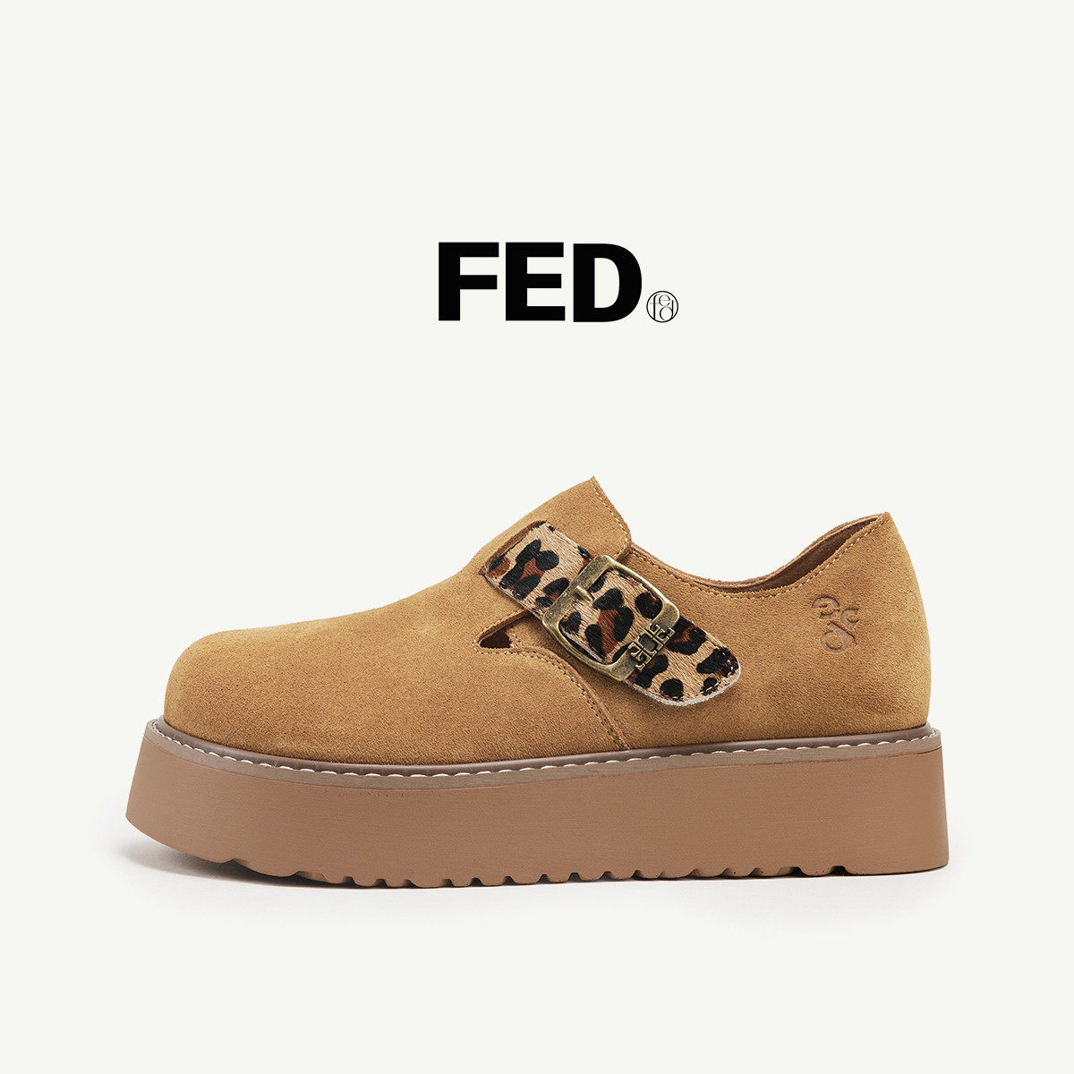 fed磨砂感牛反绒皮春季真皮豹纹女鞋户外厚底乐福鞋单鞋勃肯鞋女