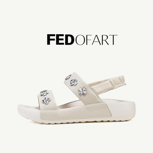 fed羊皮女凉鞋夏季露趾水钻仙女风平底沙滩休闲一字带凉鞋女