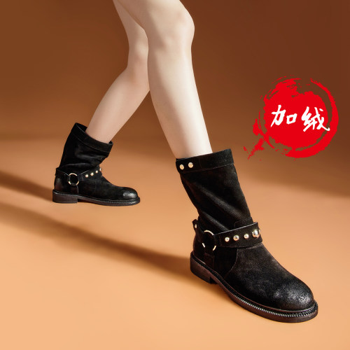 fed粗跟机车靴女冬季新款女靴加绒骑士短靴时装靴女款D1029-ZF257
