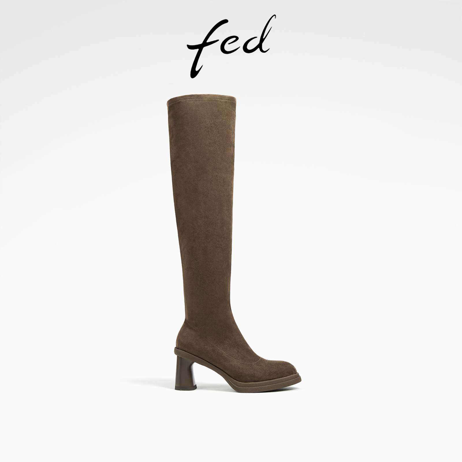 fed粗跟时装靴秋季新款女靴弹力过膝靴卡其色瘦瘦靴D0907-YAB102