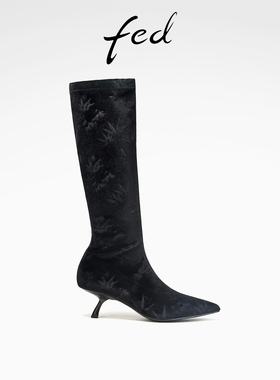 fed气质长筒靴冬季新款女靴黑色时装靴绒面堆堆靴女款D1004-ZF105