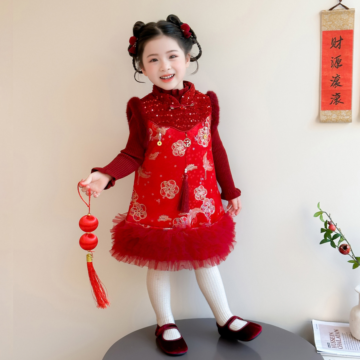 汉服女童国风网纱旗袍裙冬季2026新款儿童拜年服宝宝喜庆过年衣服