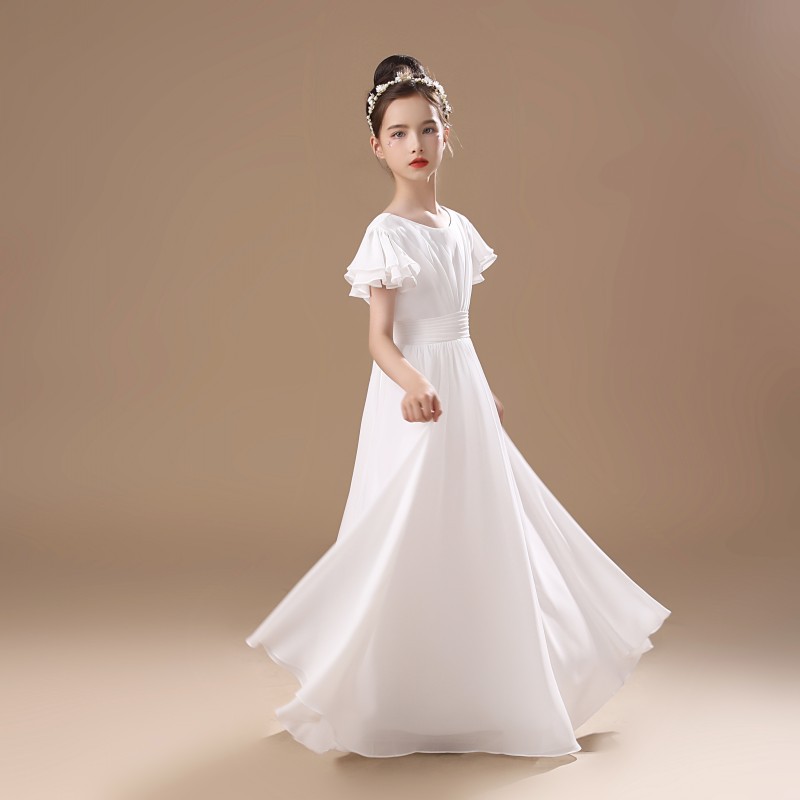 中大童钢琴表演礼服大小提琴演出女童雪纺修身齐地款白色合唱团夏