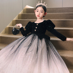 女童礼服2022新款丝绒晚礼服主持人钢琴演奏儿童合唱演出服秋冬款