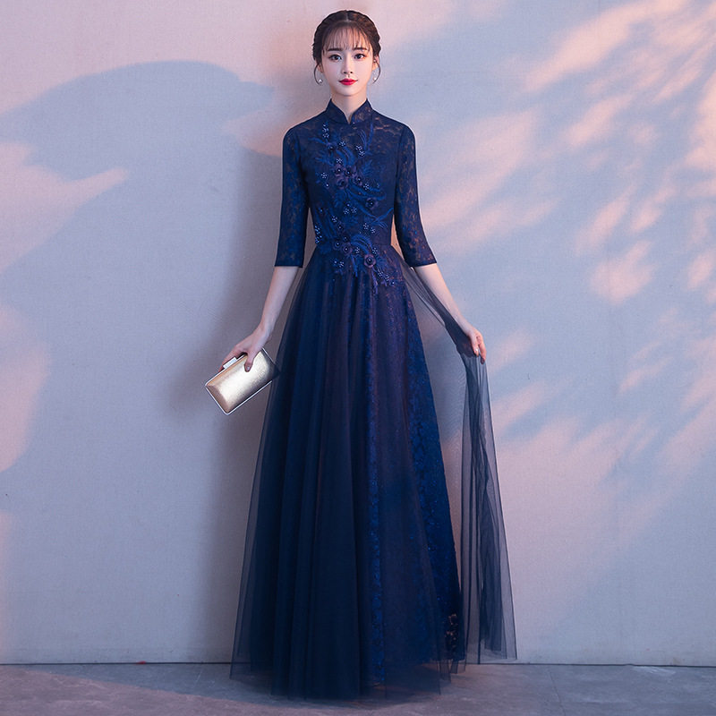 古筝艺考礼服优雅声乐考试长裙钢琴演奏礼服女复古显瘦主持人气质
