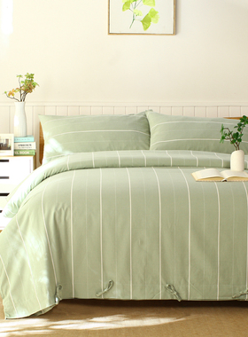 100%全棉老粗布四件套高端精梳棉加厚系绳文艺小清新绿色冬季保暖