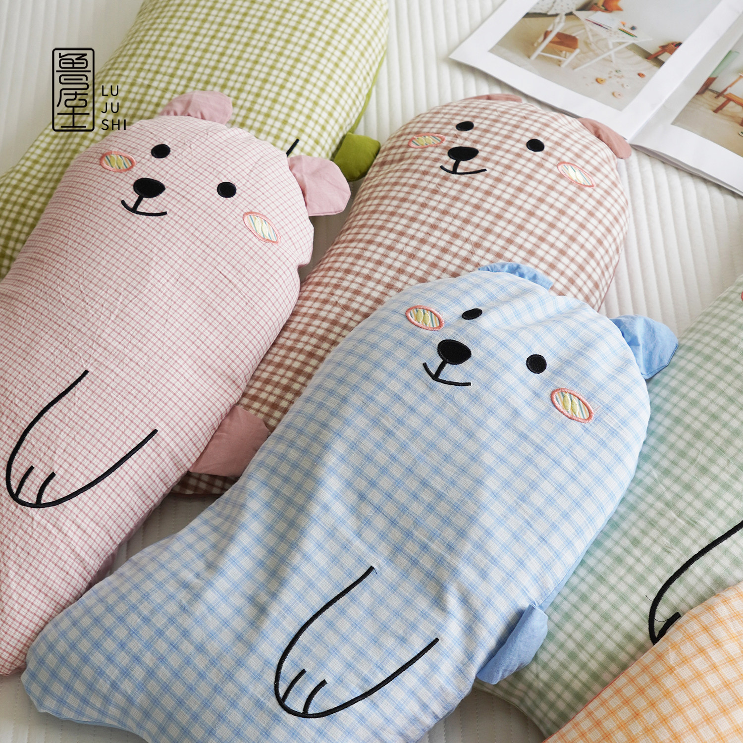 特价 可爱小熊卡通枕纯棉荞麦壳儿童枕午睡枕ins风刺绣全棉可调节