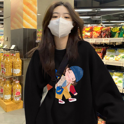 黑色卫衣女2025新款圆领宽松慵懒风秋季薄款冬加绒加厚可爱甜美