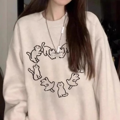 纯棉猫咪卫衣女2025新款爆款秋薄款圆领显瘦休闲冬加绒加厚重磅潮
