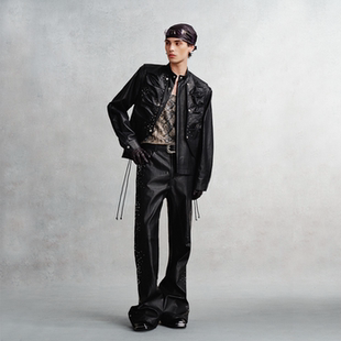 立领压褶钉珠解构皮衣外套钉珠微喇拖地皮裤 ordudiordu 暗耀籍