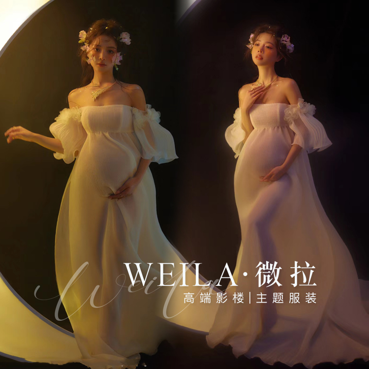 新款唯美孕妈写真影楼拍摄服装一字肩泡泡袖拖尾婚纱礼服孕妇装