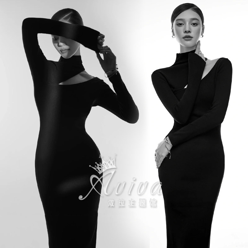 2022薇拉新款韩式杂志时装黑色连衣裙肖像照简约写真影楼拍摄服装