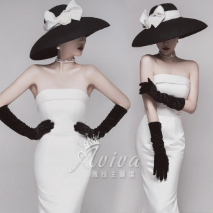 白色抹胸鱼尾礼服 复古赫本风艺术形象肖像照写真服装 2022新款 法式