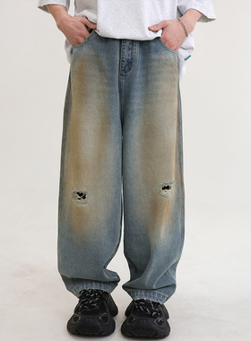 TRIFFER复古泥黄做旧做破微锥牛仔裤男女加宽