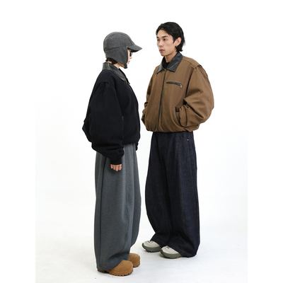 TRIFFER短阔版羽绒夹克牛皮领90白鸭绒棉质主布水洗做旧男女款