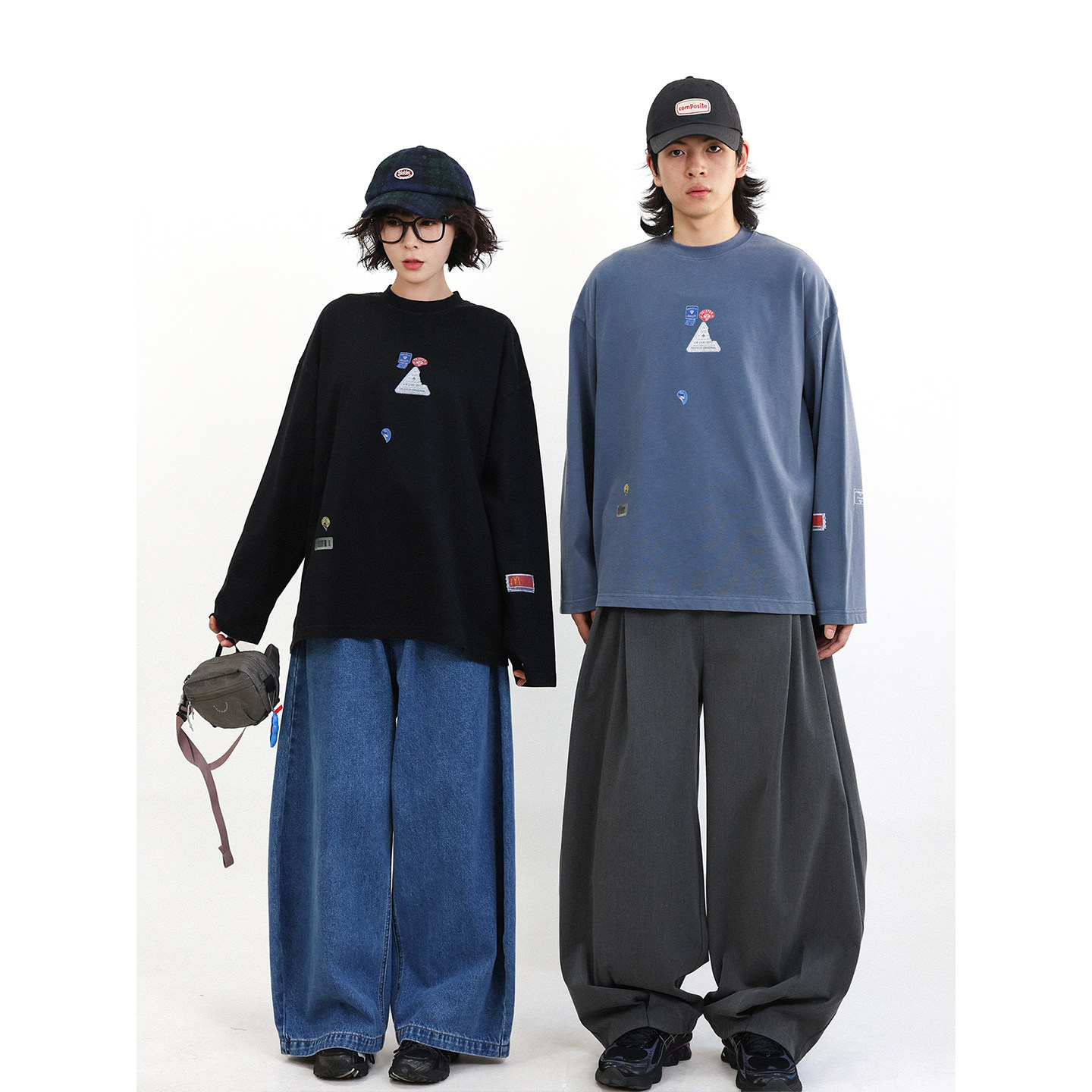 TRIFFER复古炒色长袖tee趣味行李箱贴着直喷印花男女款