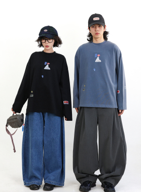 TRIFFER复古炒色长袖tee趣味行李箱贴着直喷印花男女款