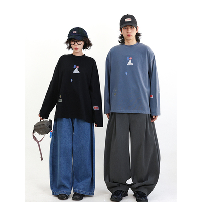 TRIFFER复古炒色长袖tee趣味行李箱贴着直喷印花男女款