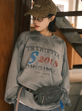 TRIFFER26ss复古长袖tee马骝擦色做旧印花撞色男女款