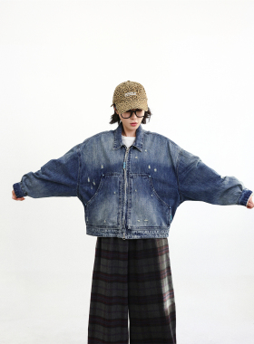 TRIFFER复古短阔版牛仔衣外套 双层吊烂磨破做旧男女款